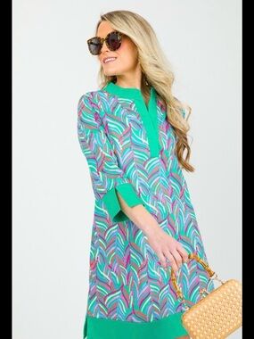 Michelle McDowell Colorful Swirl Print Tunic Dress- Green Trim